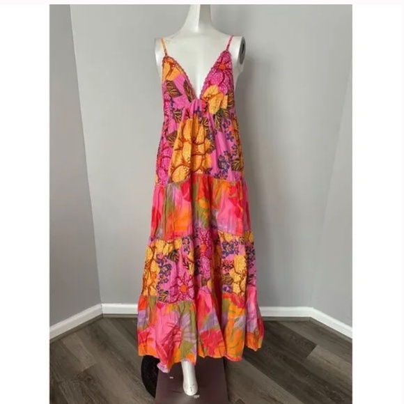 NWT Farm Rio Floral Tiered Midi Dress Pink Orange Cotton Size S - Picture 6 of 7